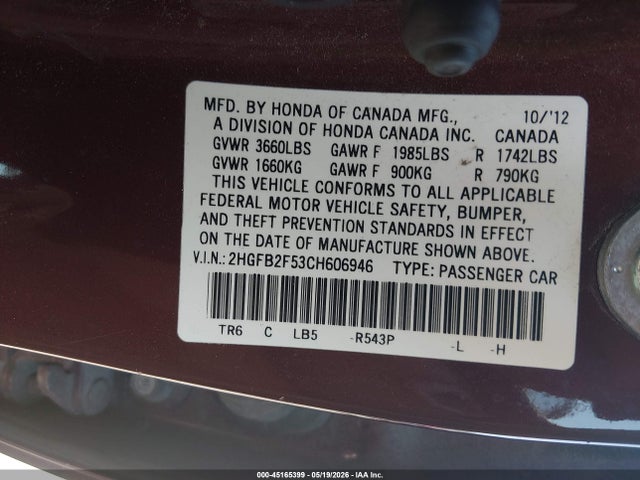 Aukcja sprzedaży 2012 Honda Civic Lx, vin: 2HGFB2F53CH606946, numer aukcji: 45165399