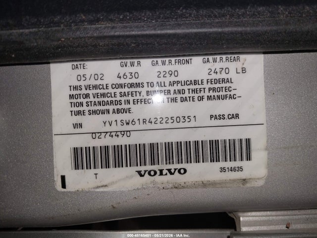 Продажа на аукционе авто 2002 Volvo V70 2.4, vin: YV1SW61R422250351, номер лота: 45165401