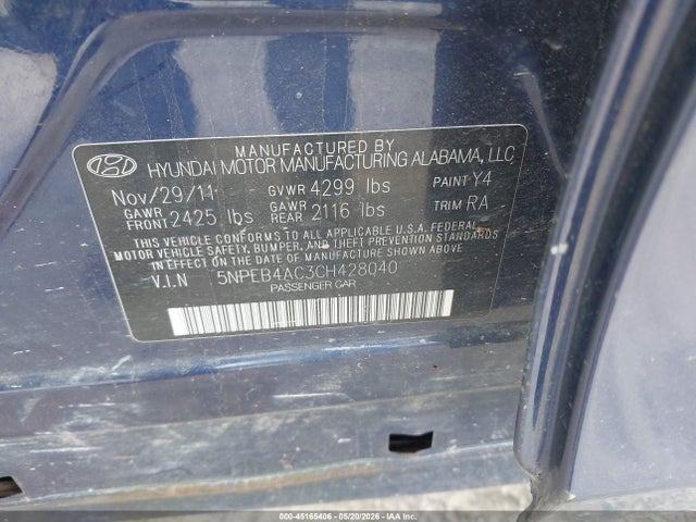 Продаж на аукціоні авто 2012 Hyundai Sonata Gls, vin: 5NPEB4AC3CH428040, номер лоту: 45165406