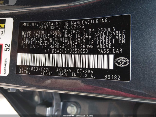 Aukcja sprzedaży 2026 Toyota Camry Se, vin: 4T1DBADK2TU552850, numer aukcji: 45165408