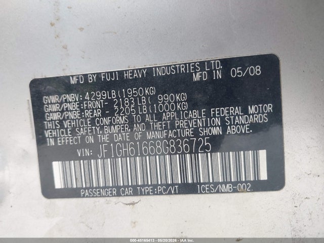 Продаж на аукціоні авто 2008 Subaru Impreza Wagon (natl) I, vin: JF1GH61668G836725, номер лоту: 45165413