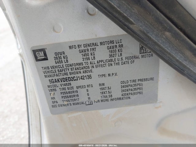 45165418 :رقم المزاد ، 5GAKVDED2CJ142136 vin ، 2012 Buick Enclave Premium مزاد بيع
