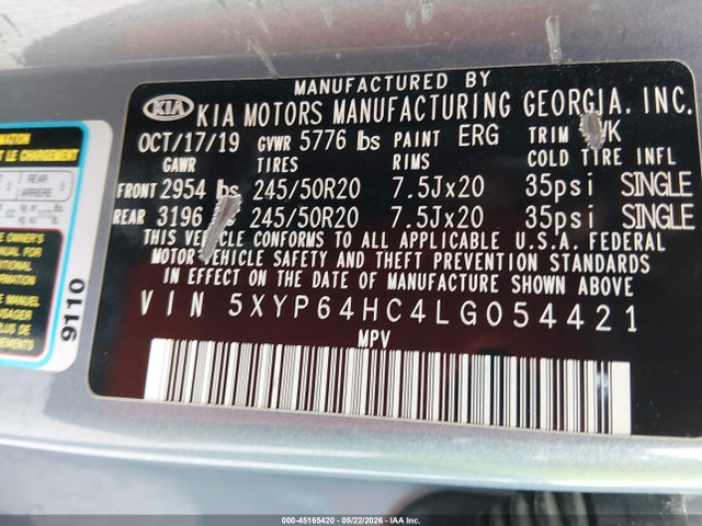 45165420 :رقم المزاد ، 5XYP64HC4LG054421 vin ، 2020 Kia Telluride S مزاد بيع