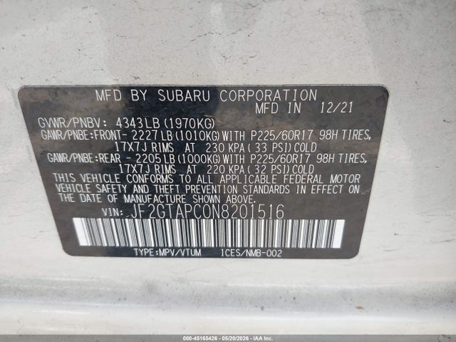 Aukcja sprzedaży 2022 Subaru Crosstrek Premium, vin: JF2GTAPC0N8201516, numer aukcji: 45165426