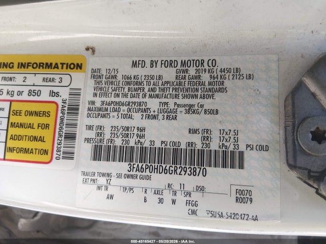 Продаж на аукціоні авто 2016 Ford Fusion Se, vin: 3FA6P0HD6GR293870, номер лоту: 45165427