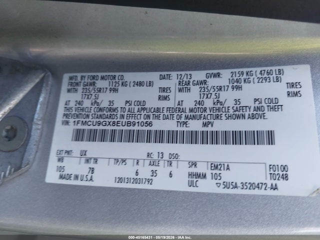45165431 :رقم المزاد ، 1FMCU9GX8EUB91056 vin ، 2014 Ford Escape Se مزاد بيع