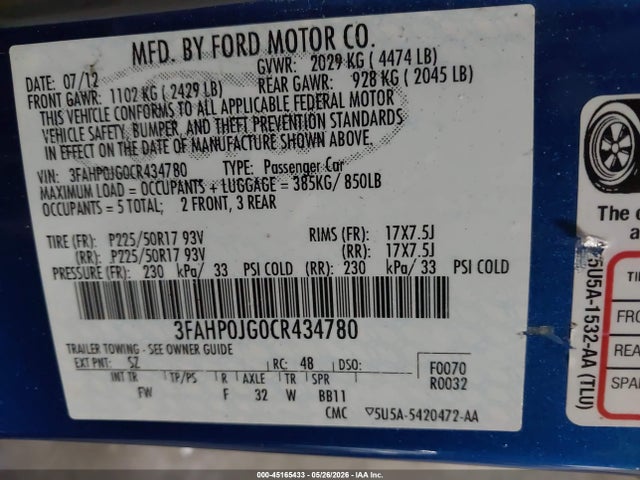 Продаж на аукціоні авто 2012 Ford Fusion Sel, vin: 3FAHP0JG0CR434780, номер лоту: 45165433