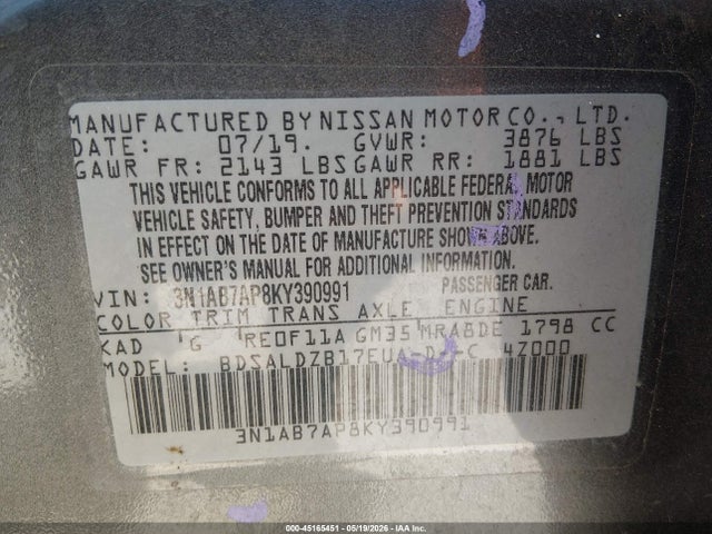 3N1AB7AP8KY390991 Nissan SENTRA SV