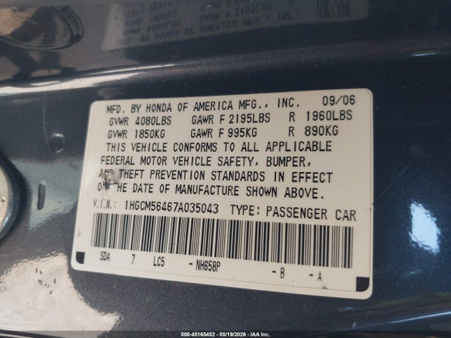 45165452 :رقم المزاد ، 1HGCM56467A035043 vin ، 2007 Honda Accord 2.4 Lx مزاد بيع