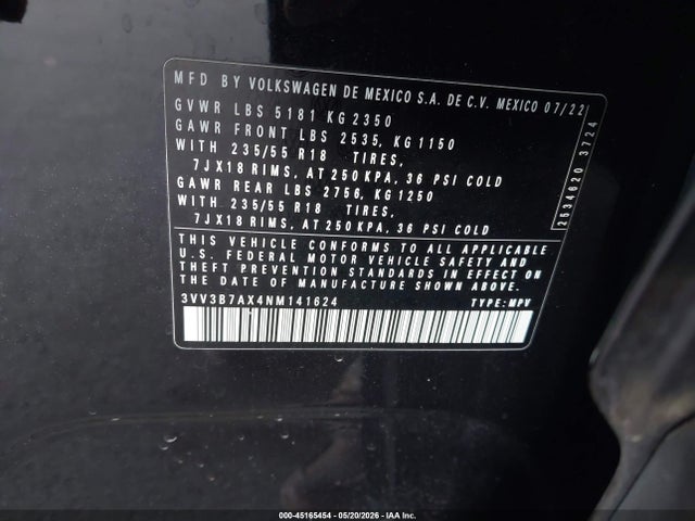 45165454 :رقم المزاد ، 3VV3B7AX4NM141624 vin ، 2022 Volkswagen Tiguan 2.0t Se مزاد بيع