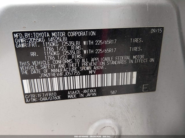 Aukcja sprzedaży 2015 Toyota Rav4 Le, vin: JTMZFREV4FJ057755, numer aukcji: 45165455