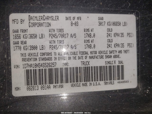 45165457 :رقم المزاد ، 1D7HA18N54S526257 vin ، 2004 Dodge Ram 1500 Slt/laramie مزاد بيع