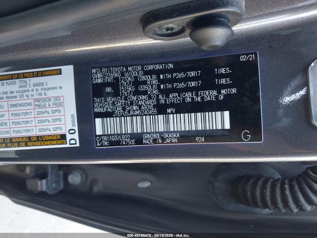 Aukcja sprzedaży 2021 Toyota 4runner, vin: JTEFU5JR4M5240455, numer aukcji: 45165470