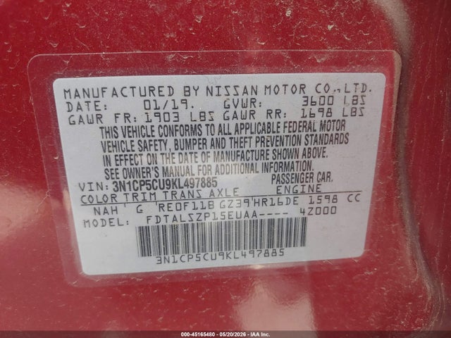 Aukcja sprzedaży 2019 Nissan Kicks Sv, vin: 3N1CP5CU9KL497885, numer aukcji: 45165480