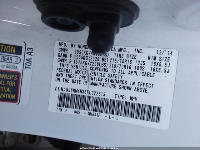 Aukcja sprzedaży 2015 Honda Cr-v Lx, vin: 5J6RM4H35FL022515, numer aukcji: 45165482