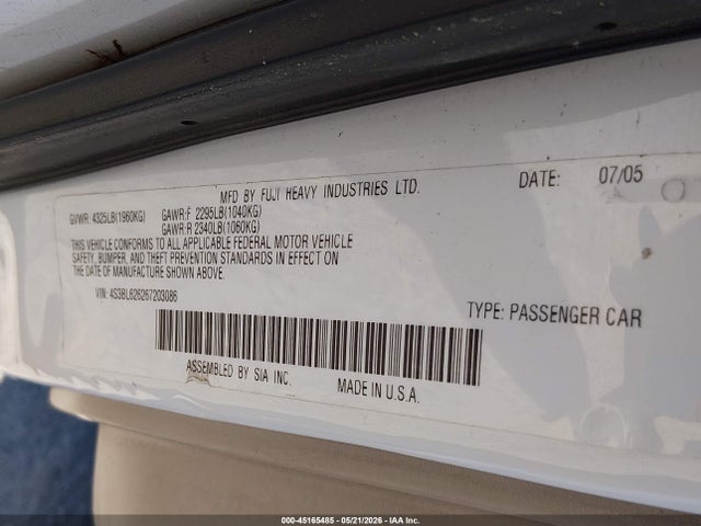 45165485 :رقم المزاد ، 4S3BL626267203086 vin ، 2006 Subaru Legacy 2.5i/2.5i Limited مزاد بيع