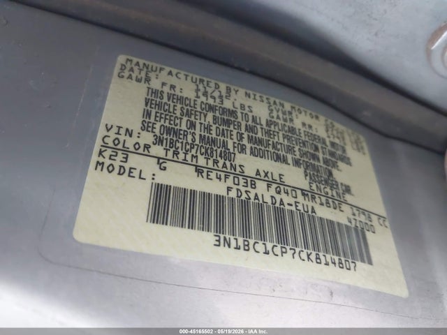 Продаж на аукціоні авто 2012 Nissan Versa 1.8 S, vin: 3N1BC1CP7CK814807, номер лоту: 45165502