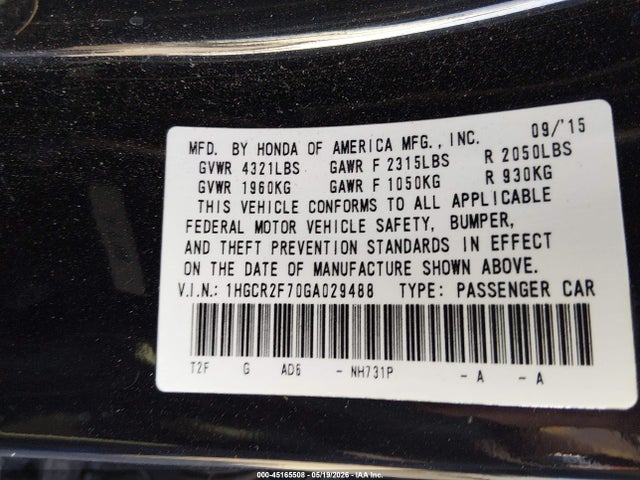 Honda ACCORD EX 2016 1HGCR2F70GA029488 Image 9