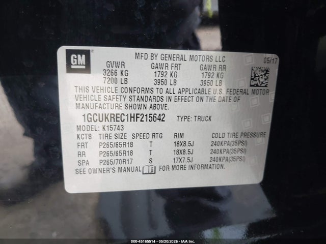 Aukcja sprzedaży 2017 Chevrolet Silverado 1500 2lt, vin: 1GCUKREC1HF215642, numer aukcji: 45165514