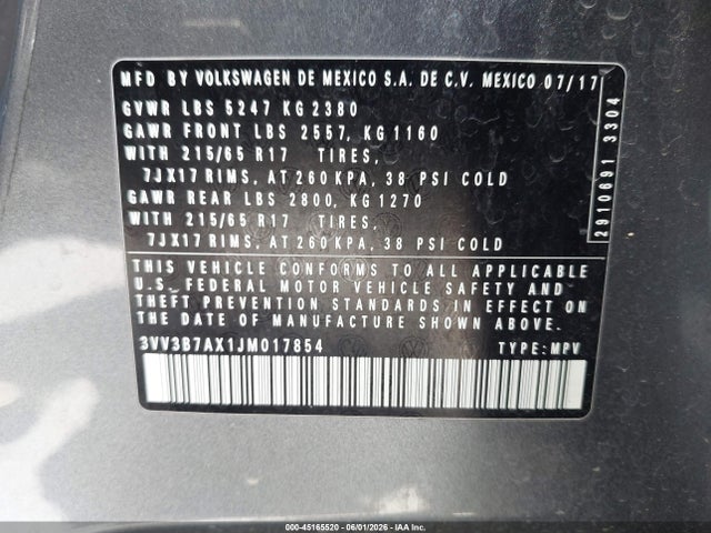 3VV3B7AX1JM017854 Volkswagen Tiguan 2.0t Se/2.0t Sel