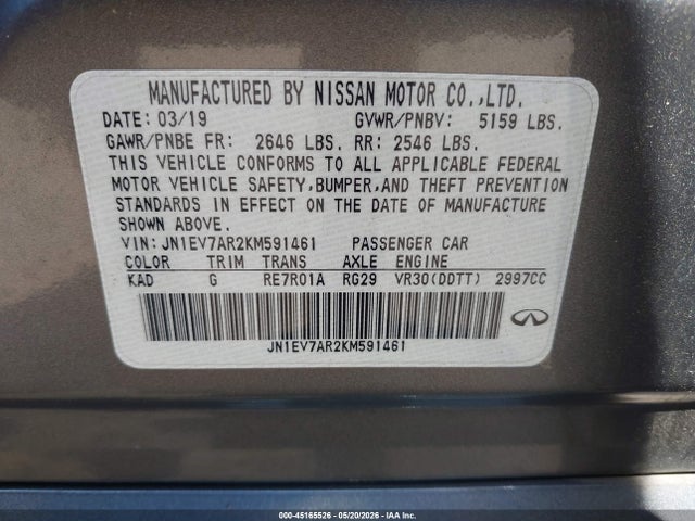 Продаж на аукціоні авто 2019 Infiniti Q50 3.0t Signature Edition, vin: JN1EV7AR2KM591461, номер лоту: 45165526