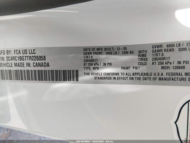 45165527 :رقم المزاد ، 2C4RC1BG7TR226058 vin ، 2026 Chrysler Pacifica Select مزاد بيع
