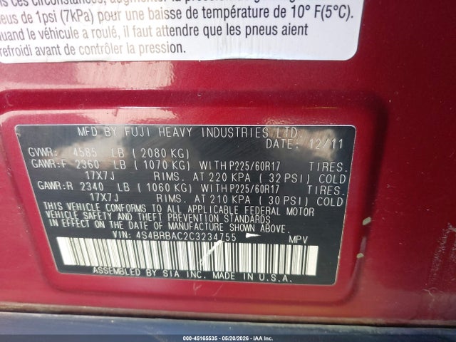 45165535 :رقم المزاد ، 4S4BRBAC2C3234755 vin ، 2012 Subaru Outback 2.5i مزاد بيع