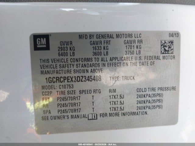 2013 Chevrolet Silverado 1500 Work Truck მანქანა იყიდება აუქციონზე, vin: 1GCRCPEX3DZ345408, აუქციონის ნომერი: 45165541