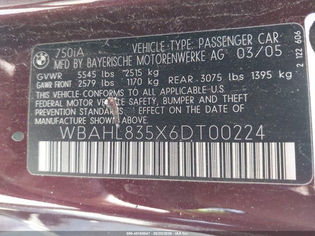 45165547 :رقم المزاد ، WBAHL835X6DT00224 vin ، 2006 Bmw 750i مزاد بيع