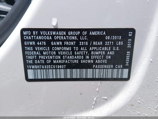 Продаж на аукціоні авто 2014 Volkswagen Passat 2.5l Se, vin: 1VWBH7A32EC019607, номер лоту: 45165550