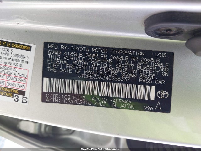 45165556 :رقم المزاد ، JTDBE32K340266337 vin ، 2004 Toyota Camry Le مزاد بيع
