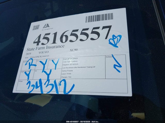 Auction sale of the 2019 Volvo Xc90 T6 Momentum, vin: YV4A22PK5K1444325, lot number: 45165557