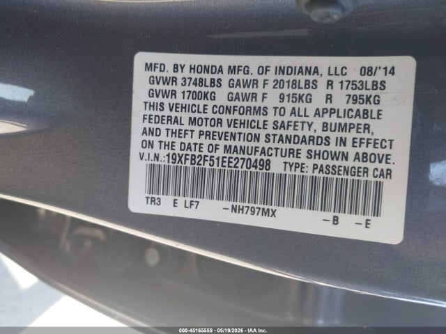 45165559 :رقم المزاد ، 19XFB2F51EE270498 vin ، 2014 Honda Civic Lx مزاد بيع