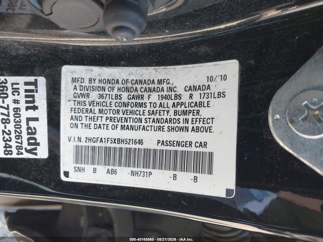 Auction sale of the 2011 Honda Civic Lx, vin: 2HGFA1F5XBH521646, lot number: 45165560