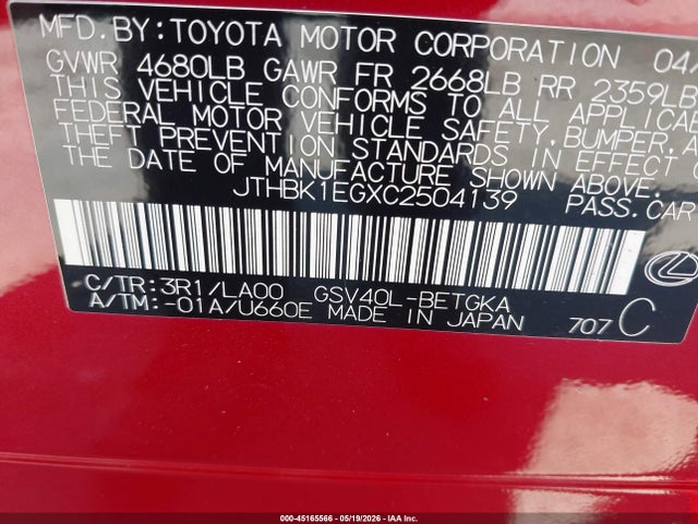 Aukcja sprzedaży 2012 Lexus Es 350, vin: JTHBK1EGXC2504139, numer aukcji: 45165566