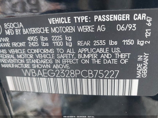 45165576 :رقم المزاد ، WBAEG2328PCB75227 vin ، 1993 Bmw 850 I Automatic مزاد بيع