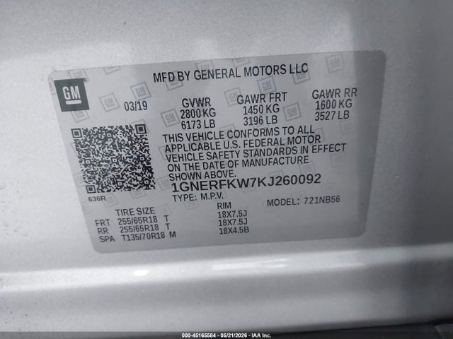 45165584 :رقم المزاد ، 1GNERFKW7KJ260092 vin ، 2019 Chevrolet Traverse Ls مزاد بيع
