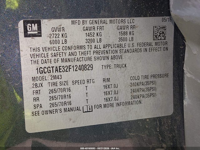 45165593 :رقم المزاد ، 1GCGTAE32F1240829 vin ، 2015 Chevrolet Colorado Wt مزاد بيع