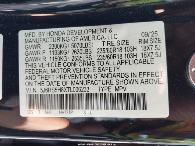 Aukcja sprzedaży 2026 Honda Cr-v Hybrid 2wd Sport-l, vin: 5J6RS5H8XTL006233, numer aukcji: 45165601
