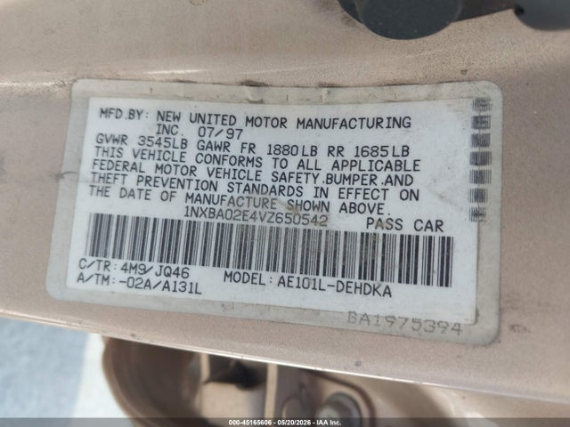 Продажа на аукционе авто 1997 Toyota Corolla Ce, vin: 1NXBA02E4VZ650542, номер лота: 45165606