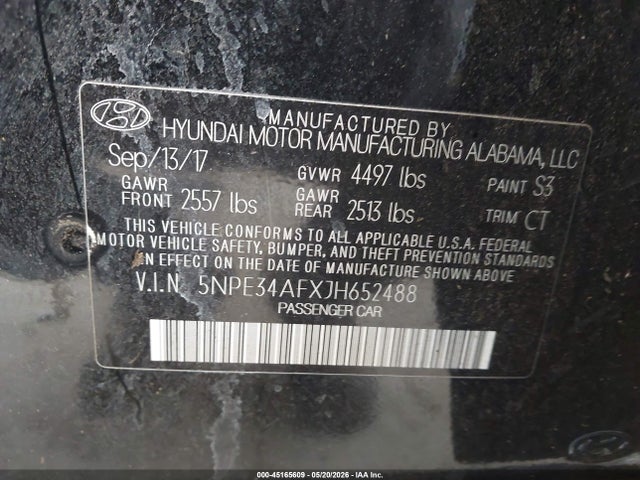Aukcja sprzedaży 2018 Hyundai Sonata Sel, vin: 5NPE34AFXJH652488, numer aukcji: 45165609