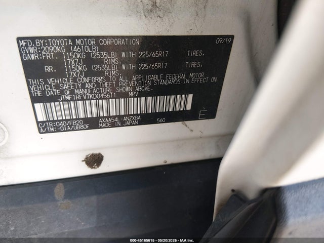Aukcja sprzedaży 2019 Toyota Rav4 Le, vin: JTMF1RFV7KD045611, numer aukcji: 45165615