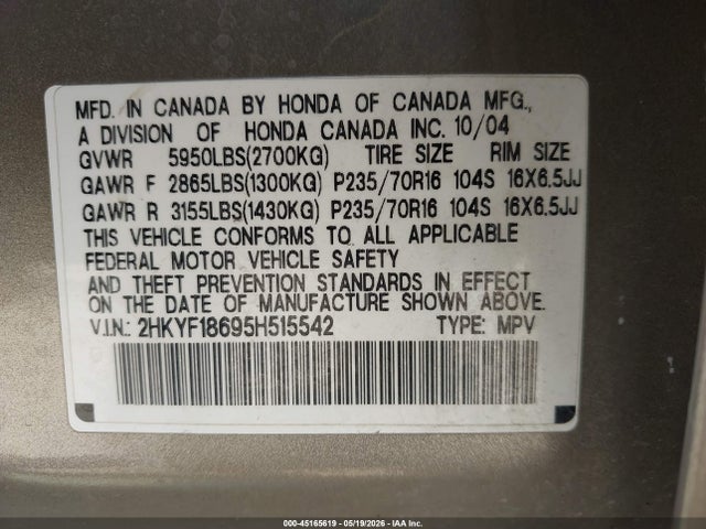 2005 Honda Pilot Ex-l მანქანა იყიდება აუქციონზე, vin: 2HKYF18695H515542, აუქციონის ნომერი: 45165619