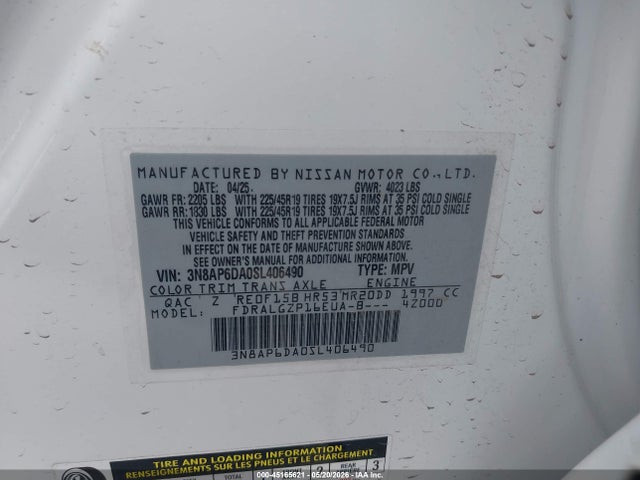 Aukcja sprzedaży 2025 Nissan Kicks Sr Fwd, vin: 3N8AP6DA0SL406490, numer aukcji: 45165621