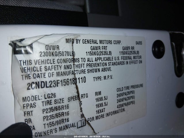 Aukcja sprzedaży 2005 Chevrolet Equinox Ls, vin: 2CNDL23F156181110, numer aukcji: 45165626