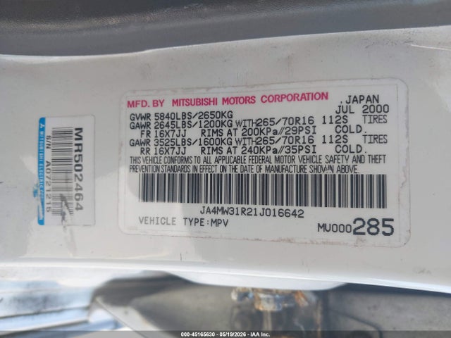 Aukcja sprzedaży 2001 Mitsubishi Montero Xls, vin: JA4MW31R21J016642, numer aukcji: 45165630