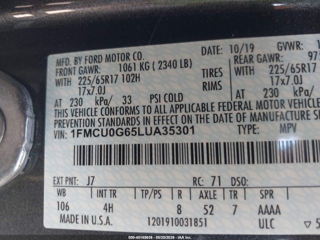Продаж на аукціоні авто 2020 Ford Escape Se, vin: 1FMCU0G65LUA35301, номер лоту: 45165636