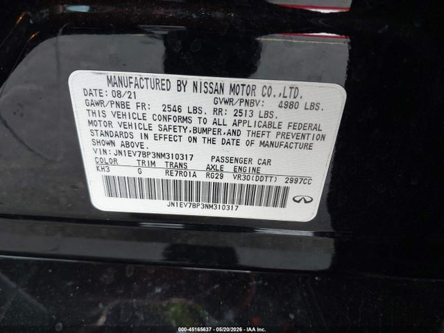 Aukcja sprzedaży 2022 Infiniti Q50 Luxe, vin: JN1EV7BP3NM310317, numer aukcji: 45165637