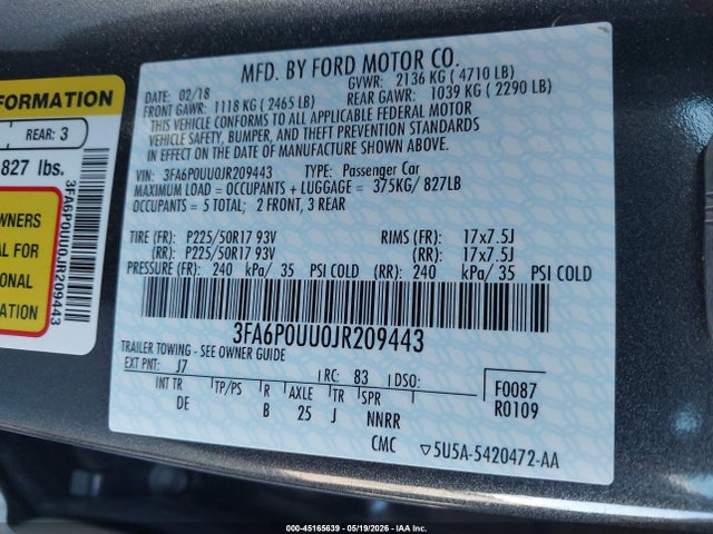 45165639 :رقم المزاد ، 3FA6P0UU0JR209443 vin ، 2018 Ford Fusion Hybrid S مزاد بيع