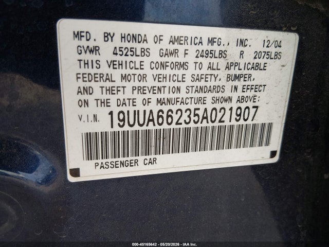 Продаж на аукціоні авто 2005 Acura Tl, vin: 19UUA66235A021907, номер лоту: 45165642